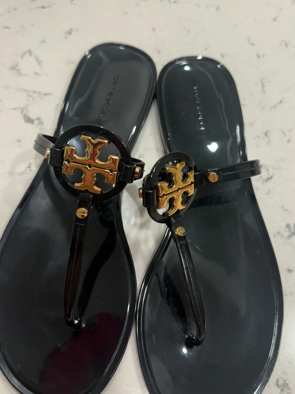 Tory Burch Black Jelly Thong Sandals with Gold Logo